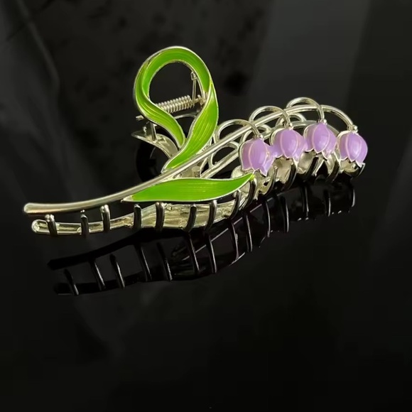 Vintage Lily of the Valley Gold Tone Floral Barrette Lavender Hair Clip main image 6